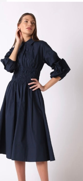 Ruched Puff Sleeve & Waist A Line Midi Dress - Gracia Ruched Puff Sleeve & Waist A Line Midi Dress - Gracia