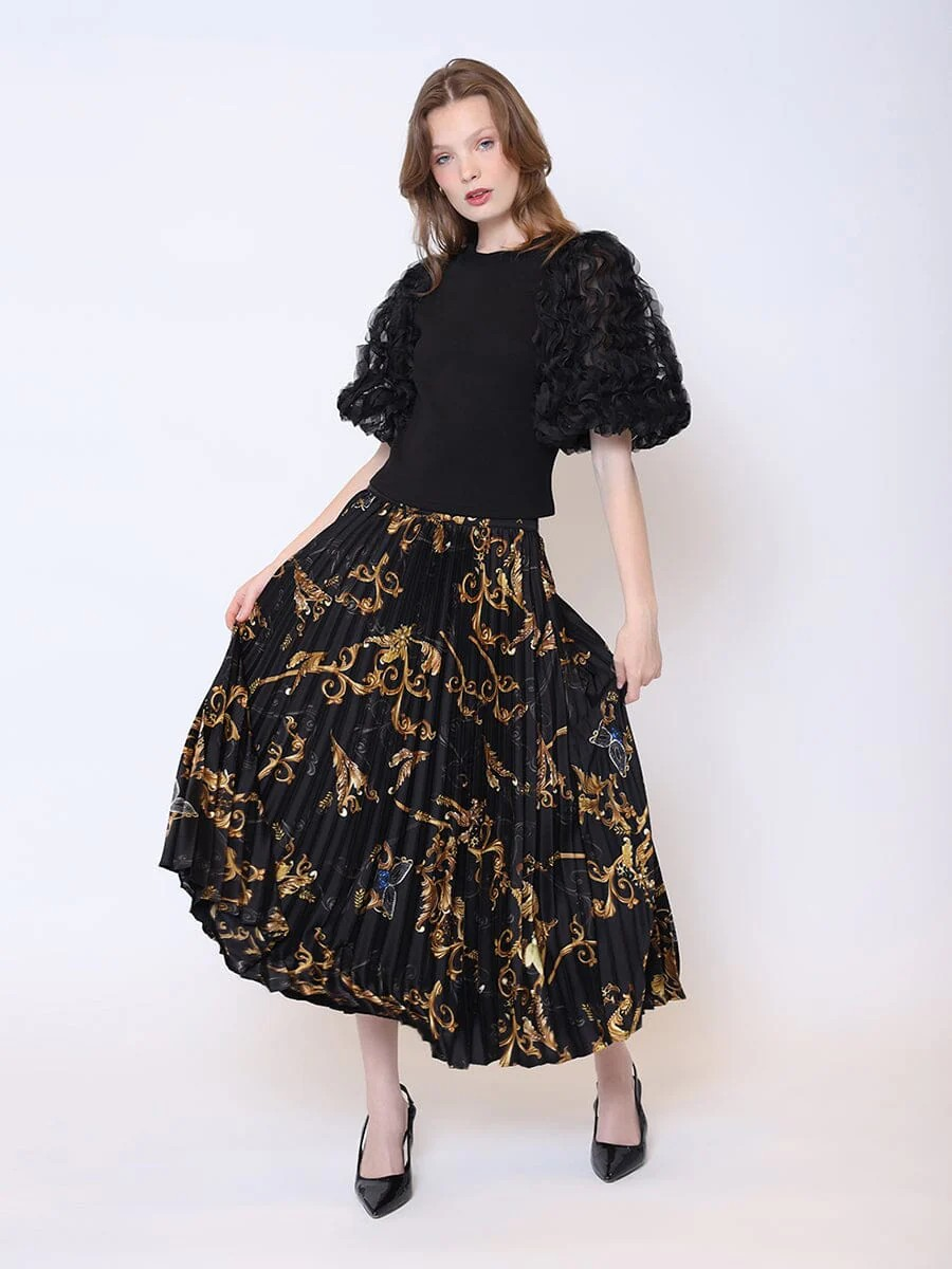 Floral Print Satin Pleated Skirt