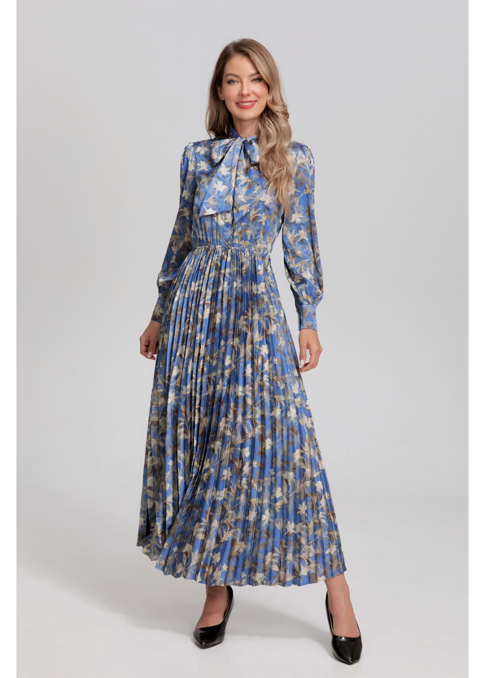 Floral Pleated Midi Dress XS / BLUE
