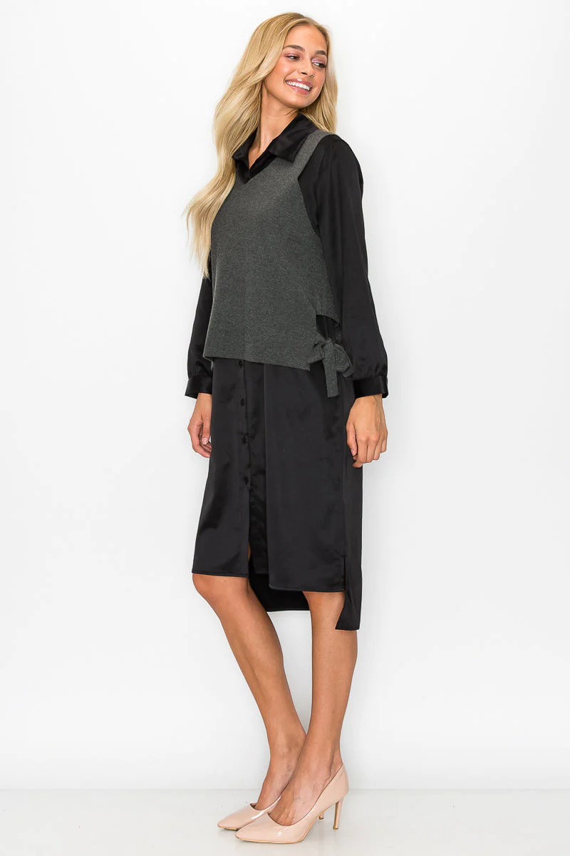 Woven Shirt Dress with Detachable Sweater Knitted Vest