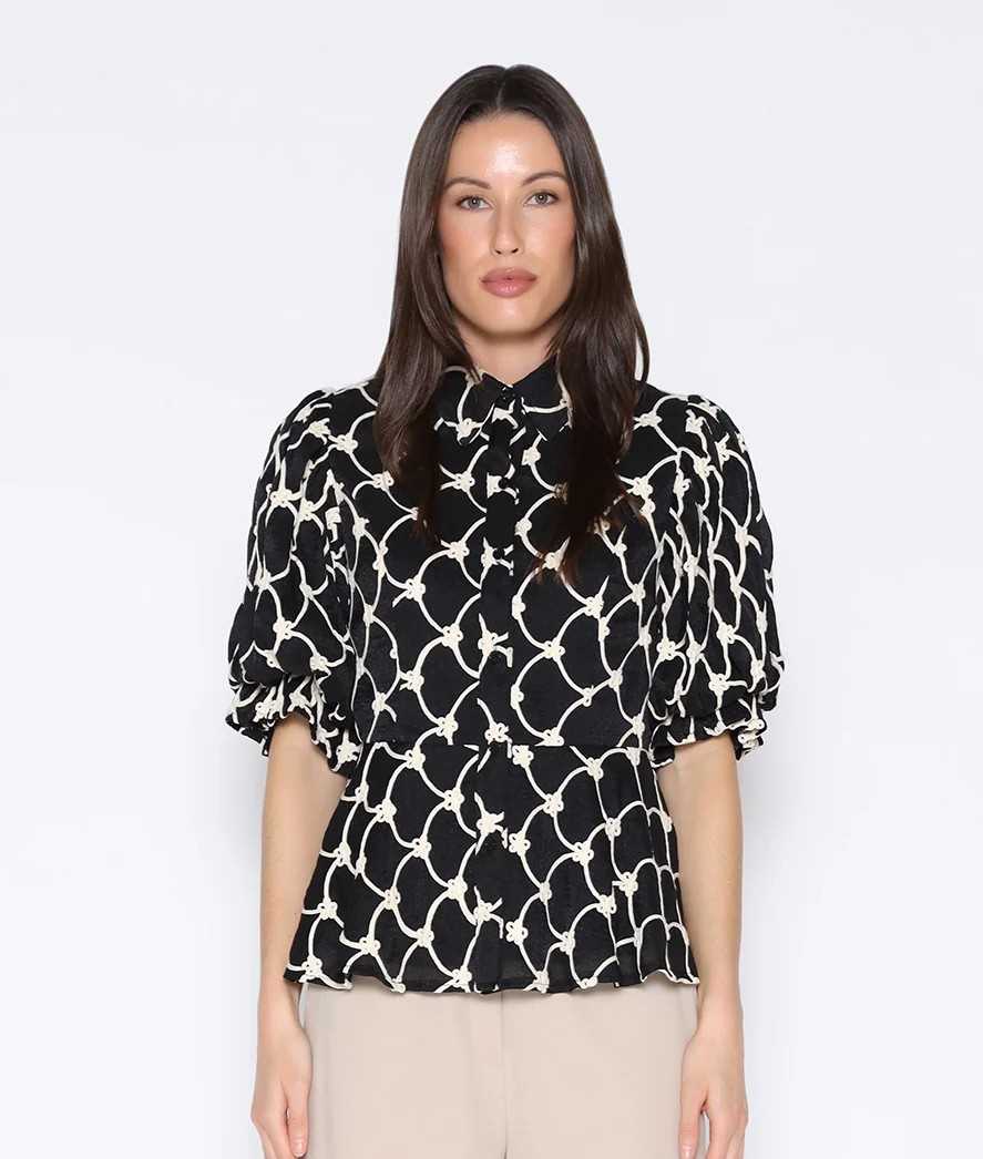Floral Embroidered Puff Sleeve Peplum Top