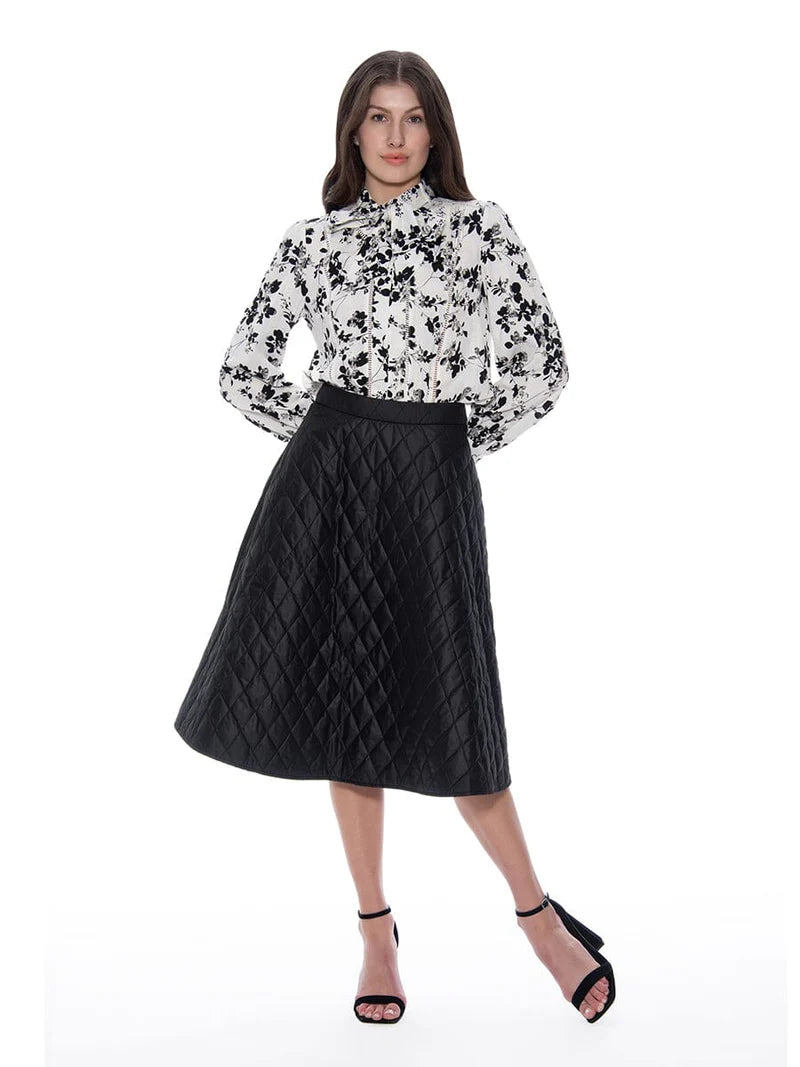 Garcia Floral Print Crochet Trim Tie-Neck Long Sleeve Top T35424