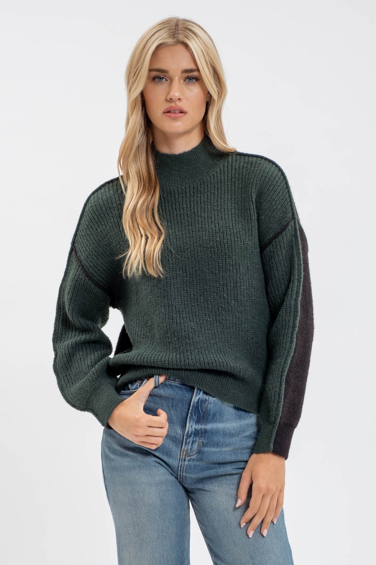 Color Block Mock Neck Exposed Seam Knit Sweater