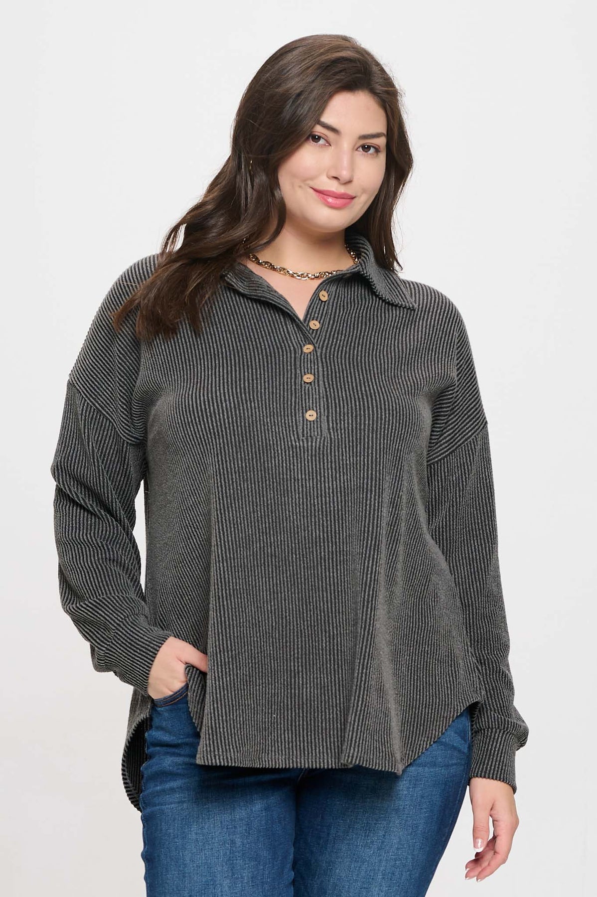 Plus Pinstripe Collared Half Button Knit Top