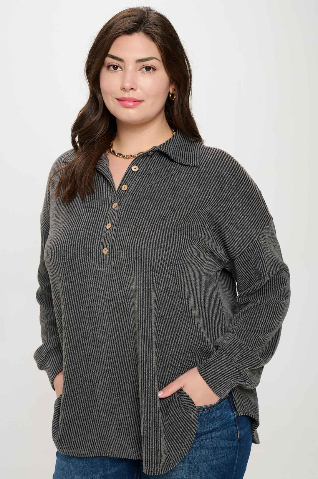 Plus Pinstripe Collared Half Button Knit Top