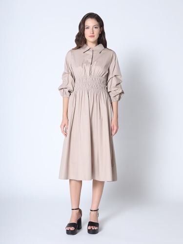 Ruched Puff Sleeve A Line Midi Dress - Gracia D33917