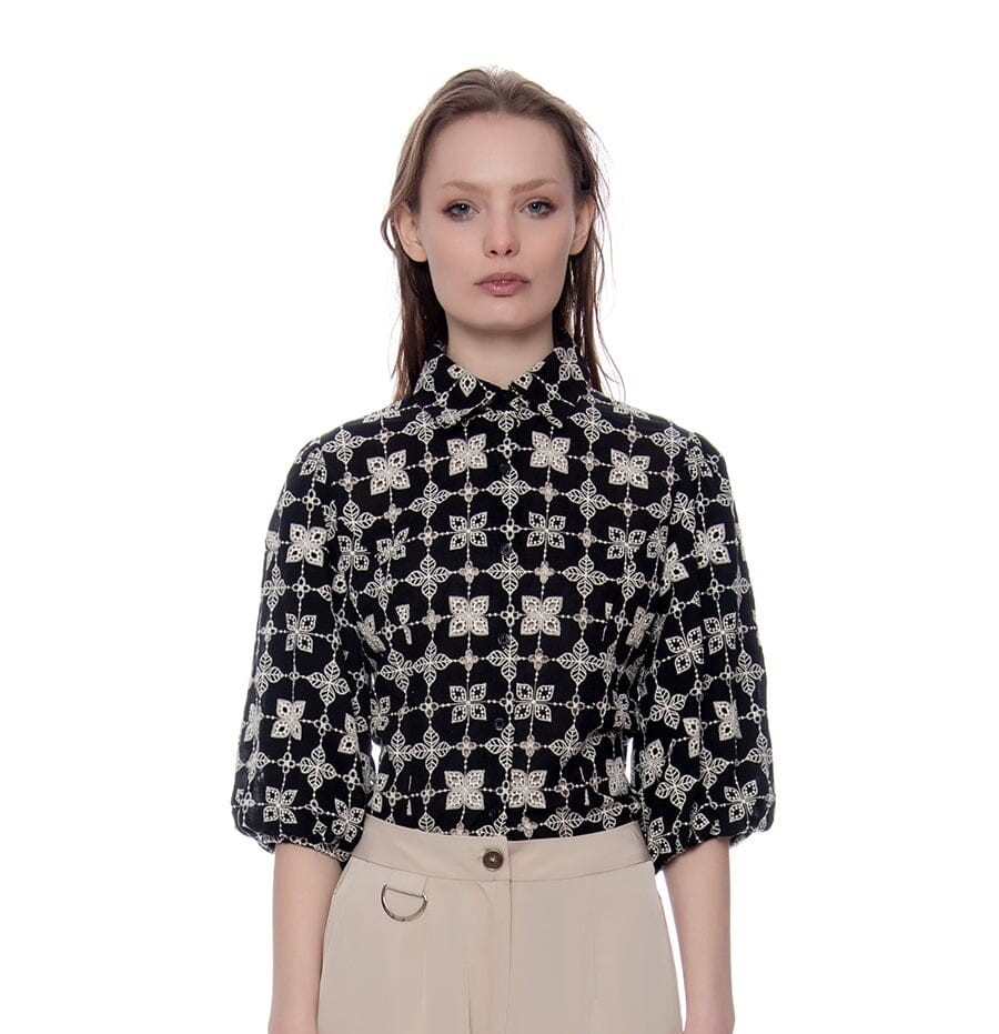 Gracia Floral Embroidered Puff Sleeve Collared Top T35906