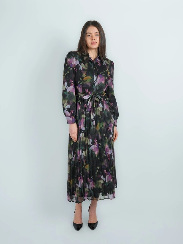 belted chiffon shirt dress Chiffon Print Women Maxi Dress Belted 3/4 Sleeve Bohemian Swing Shirt Dress
