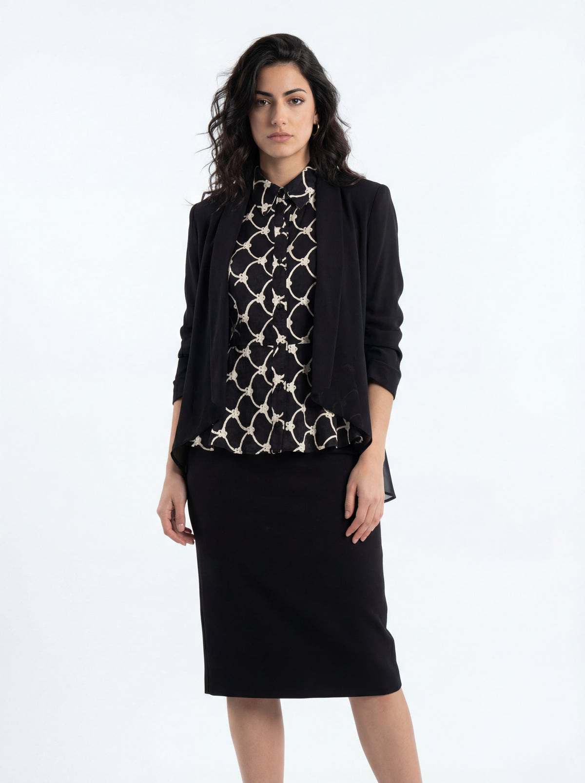 Floral Embroidered Puff + Mossaic Pencil Skirt + Bali Jacket Black - 03