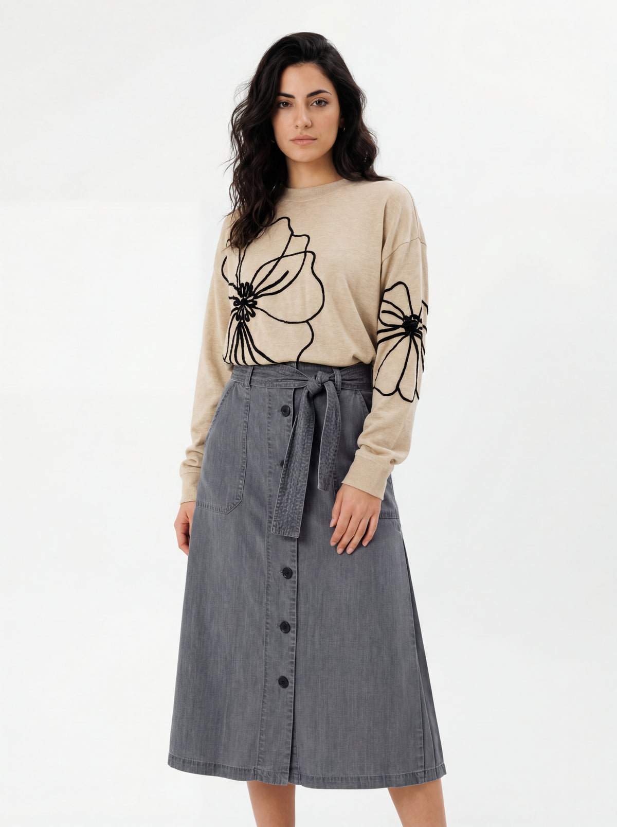 Knit Sweater + Denim Pocket Skirt - 04