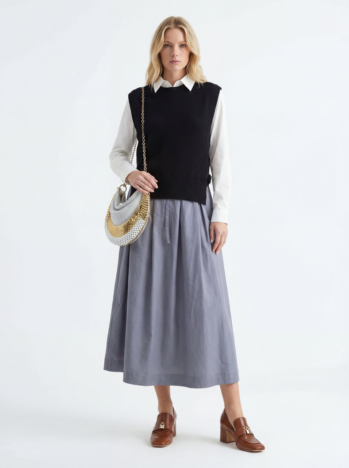 Tan Leather Lock + Cotton Pleated Shirt + Cotton Skirt + Madison Maison ™ Laura - 08