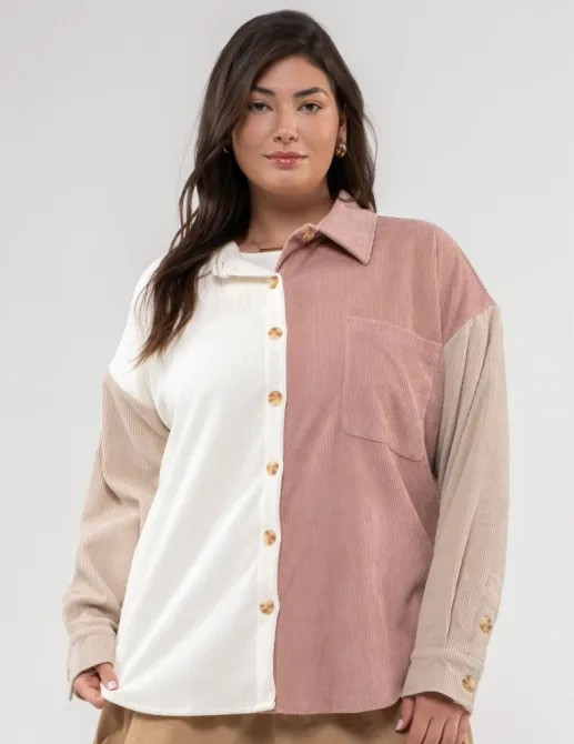 Plus Size Colorblock Corduroy Jacket