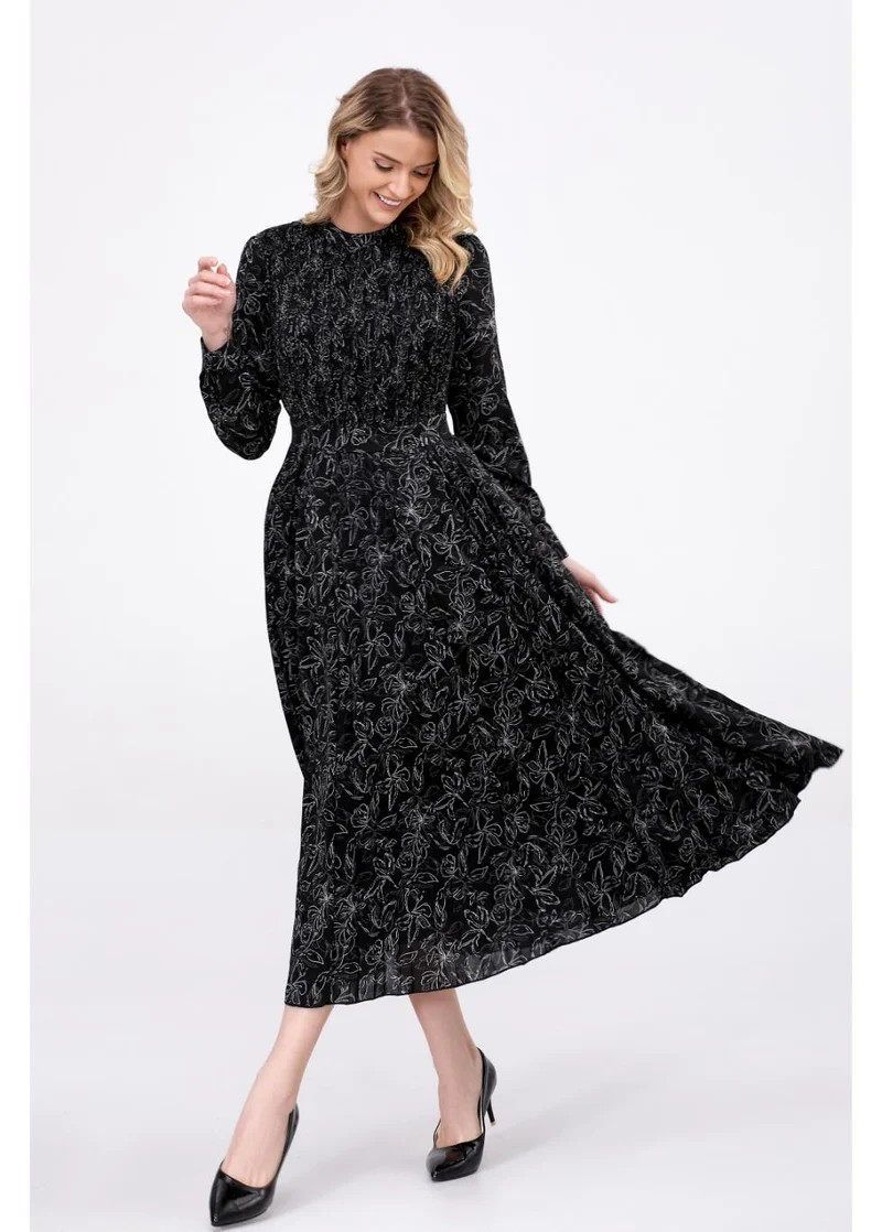m&s floral midi dress Floral Microprint Long Sleeve Midi Dress M / Black