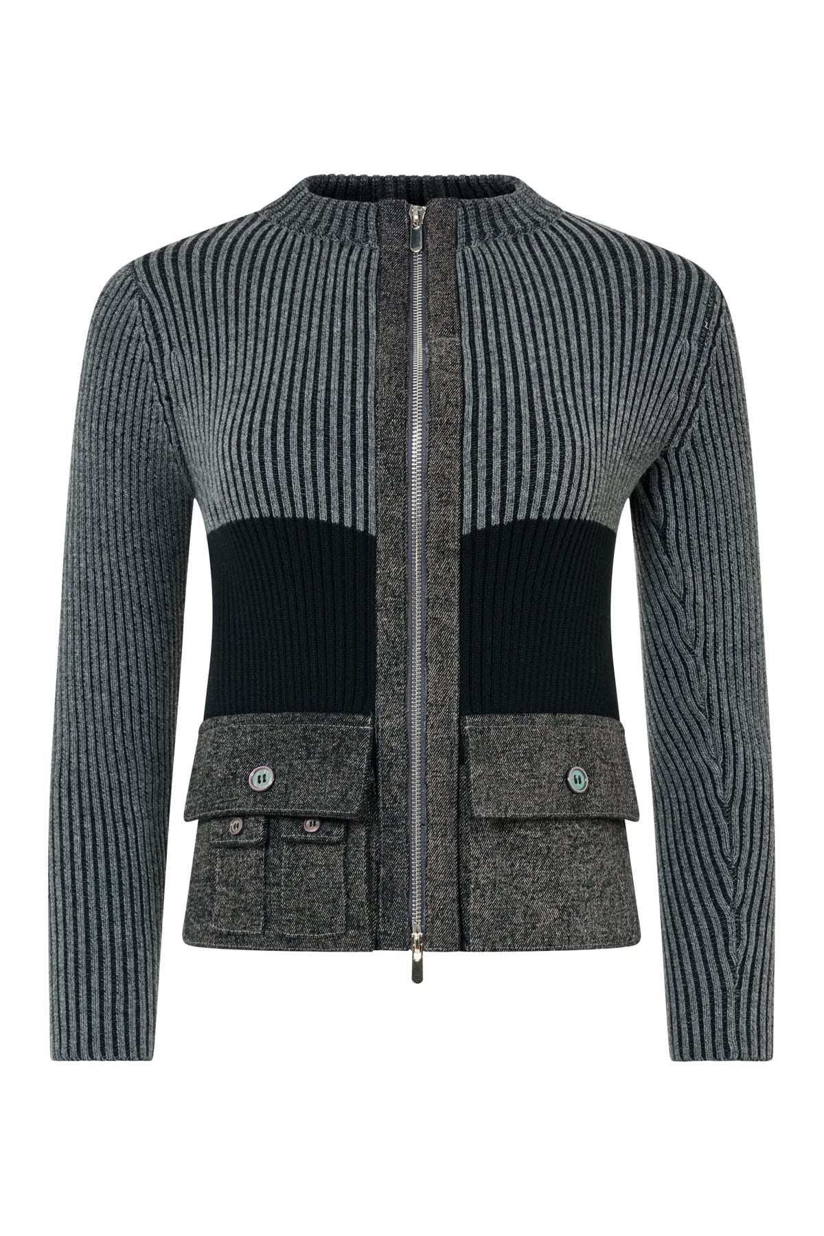Grey Ribbed Zipper Pocket Sweater
