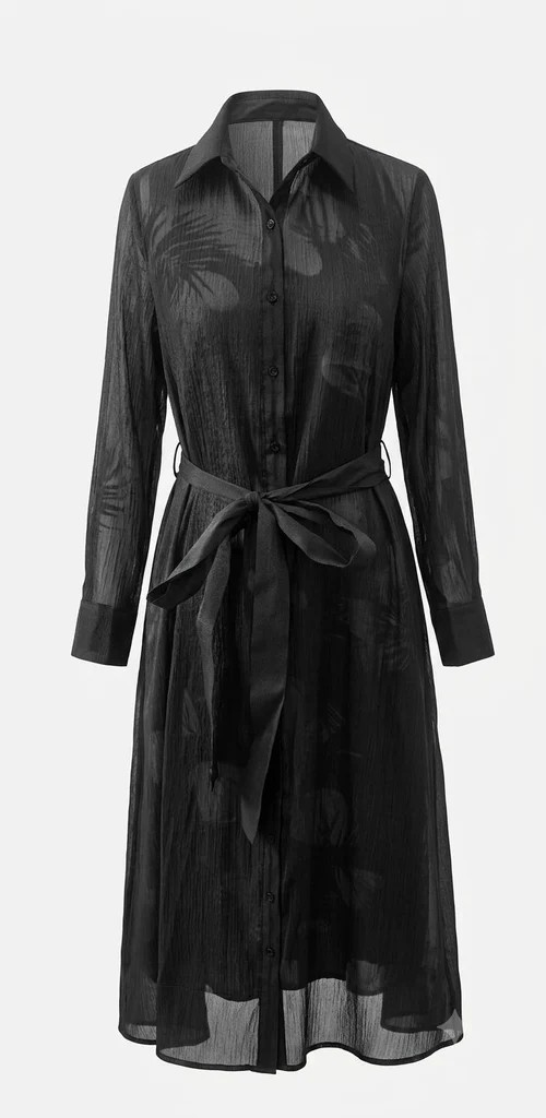 Black Chiffon Organza Layered Midi Shirt Dress
