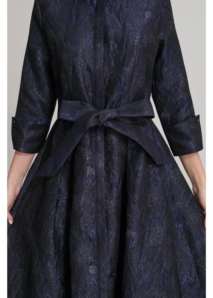 Metallic Navy Jacquard Long Sleeve Maxi Shirt Gown Dress with Sash