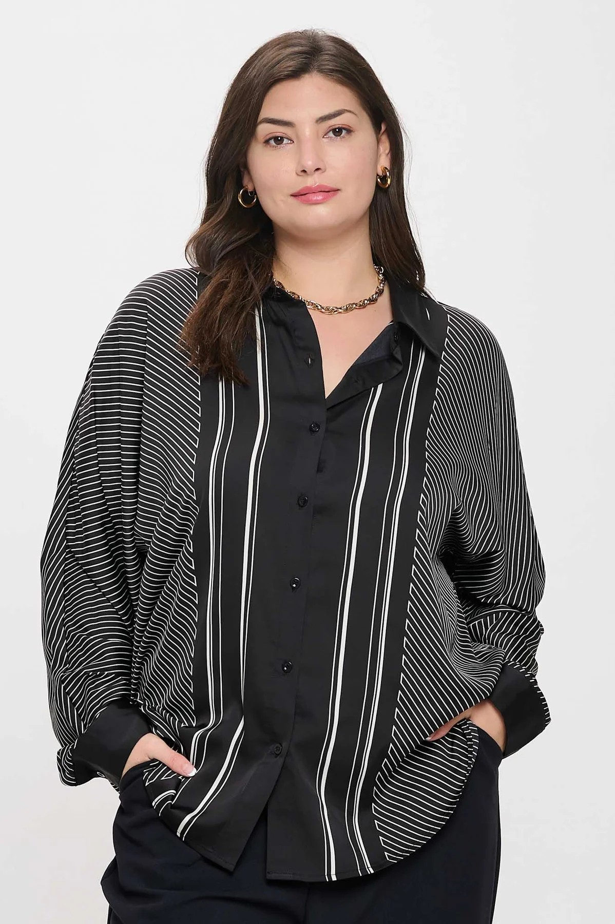 Plus Size Stripe Collared Button Down Top