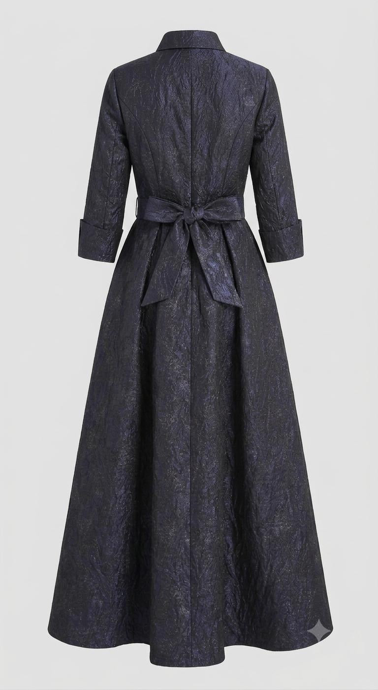 Metallic Navy Jacquard Long Sleeve Maxi Shirt Gown Dress with Sash