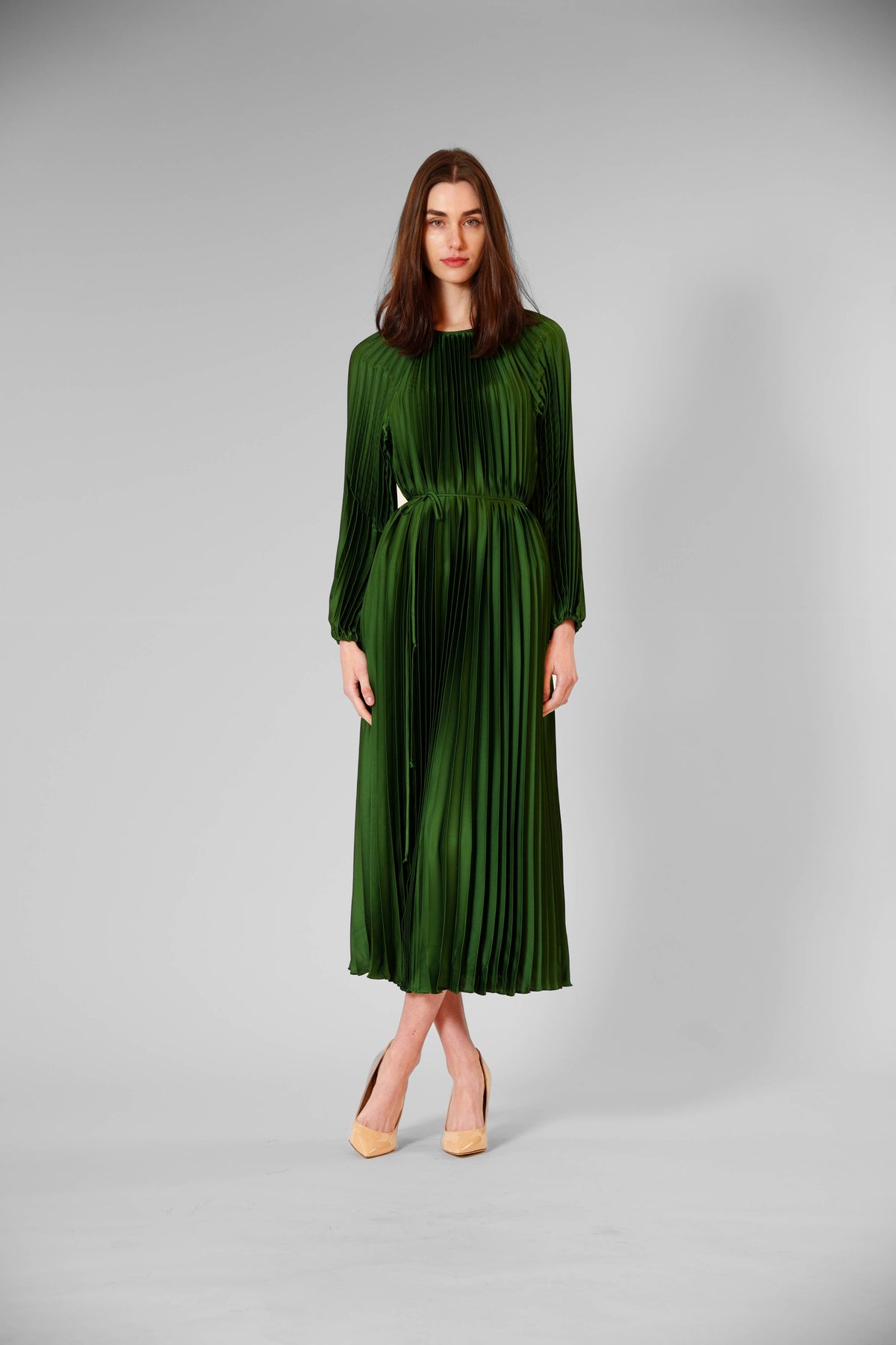 PLEATED LONG SLEEVE WAIST TIE MAXI DRESS