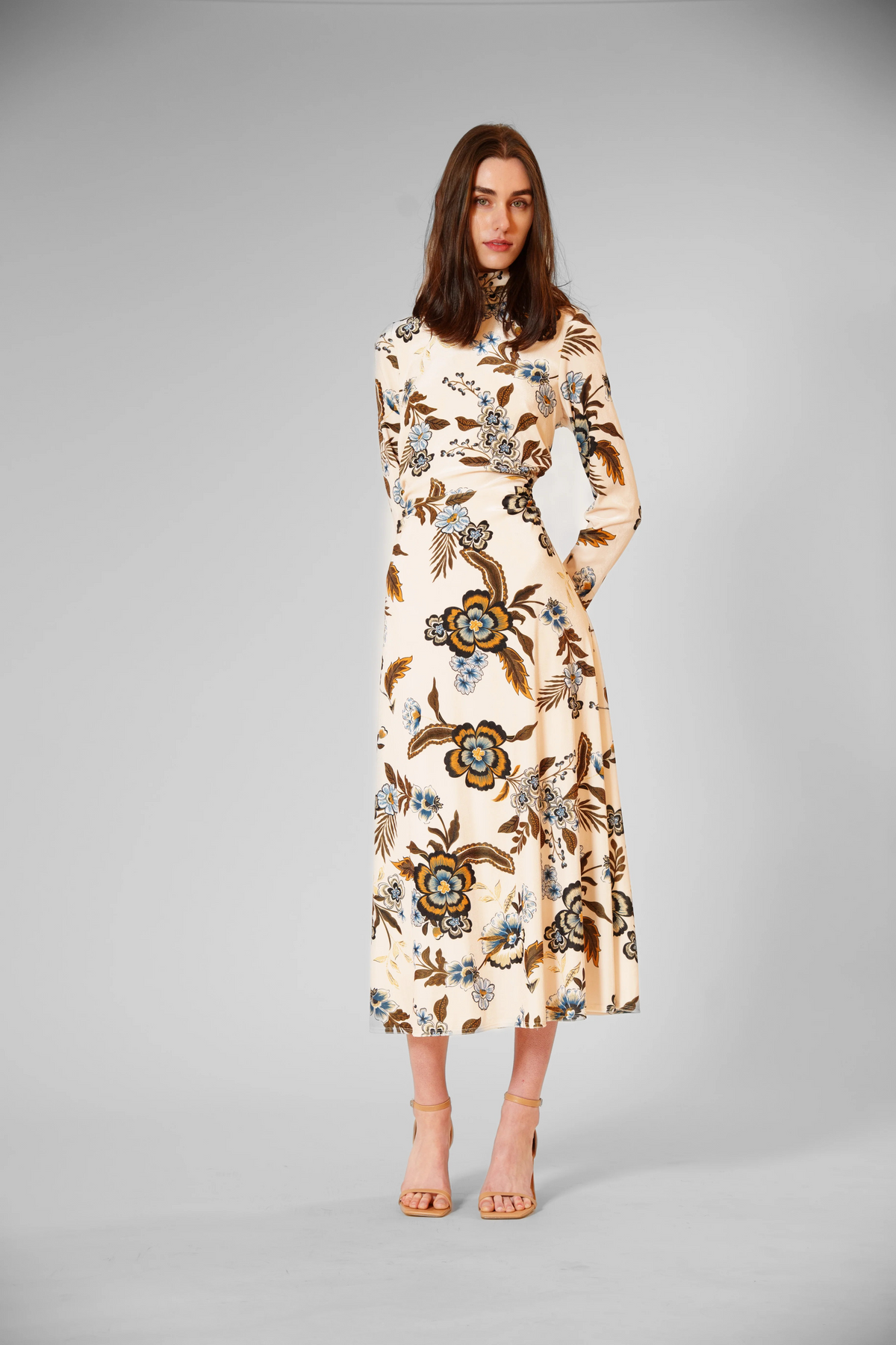 LONG SLEEVE MIDI VELVET PRINTED DRESS W HIGH NECK