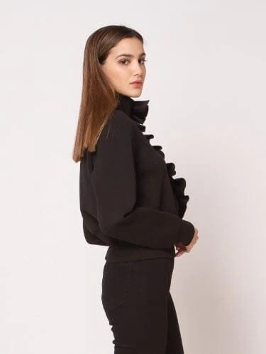 High neck Scuba Asymetrical Ruffled Zip Jacket - Gracia J25202