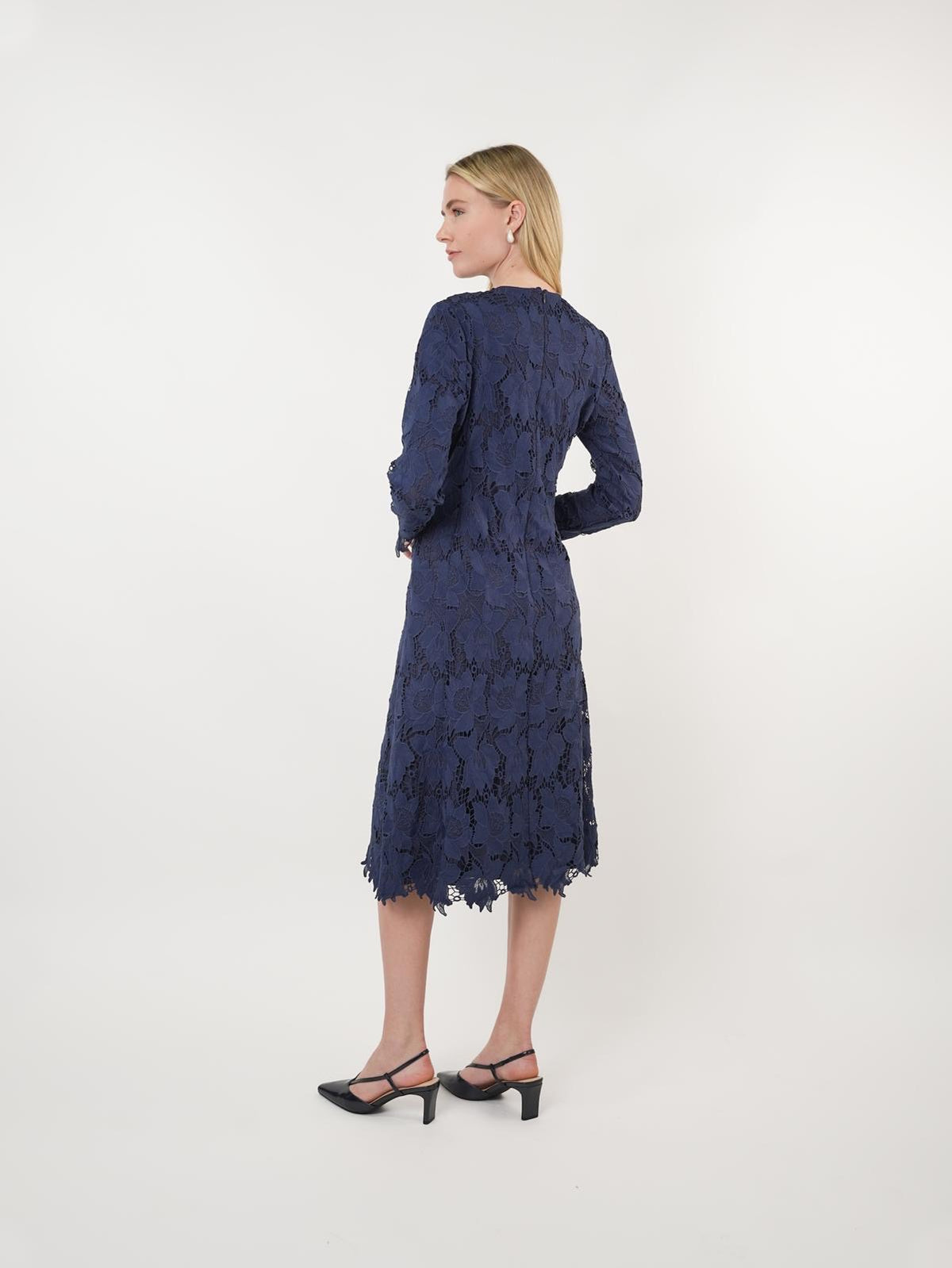 Navy Floral Lace Midi Dress