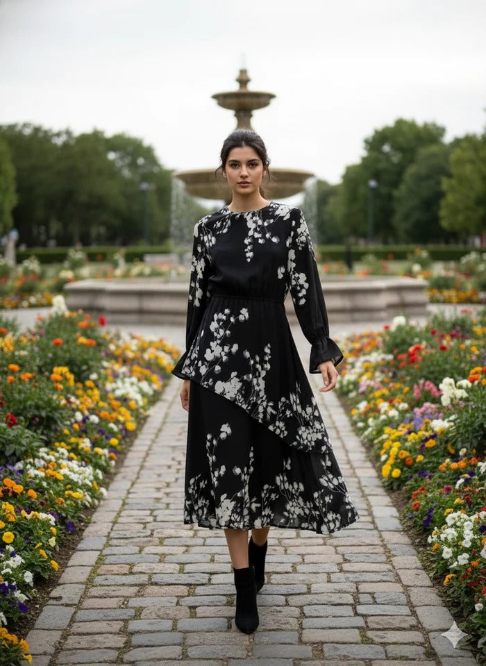 Modest Floral Poly Chiffon Lined Midi Dress – Black & White