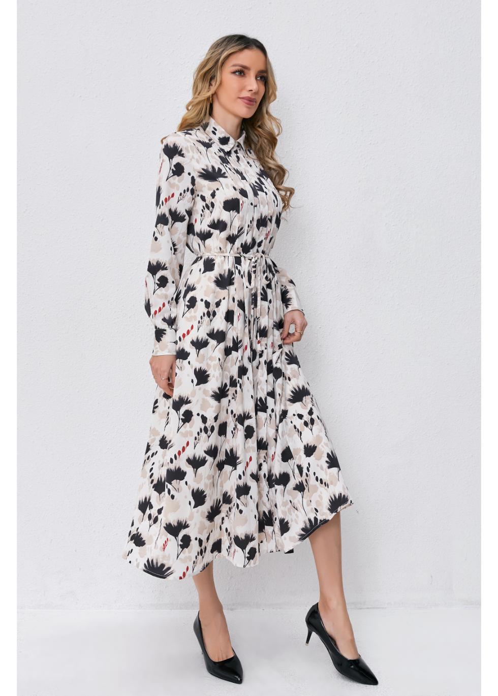 Modest Floral Midi Dress with Light Front Tie