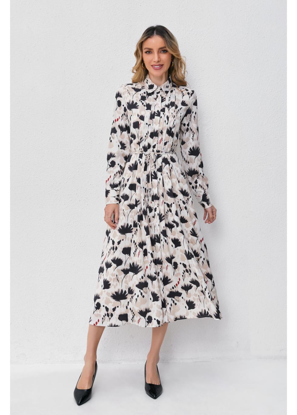 Modest Floral Midi Dress with Light Front Tie