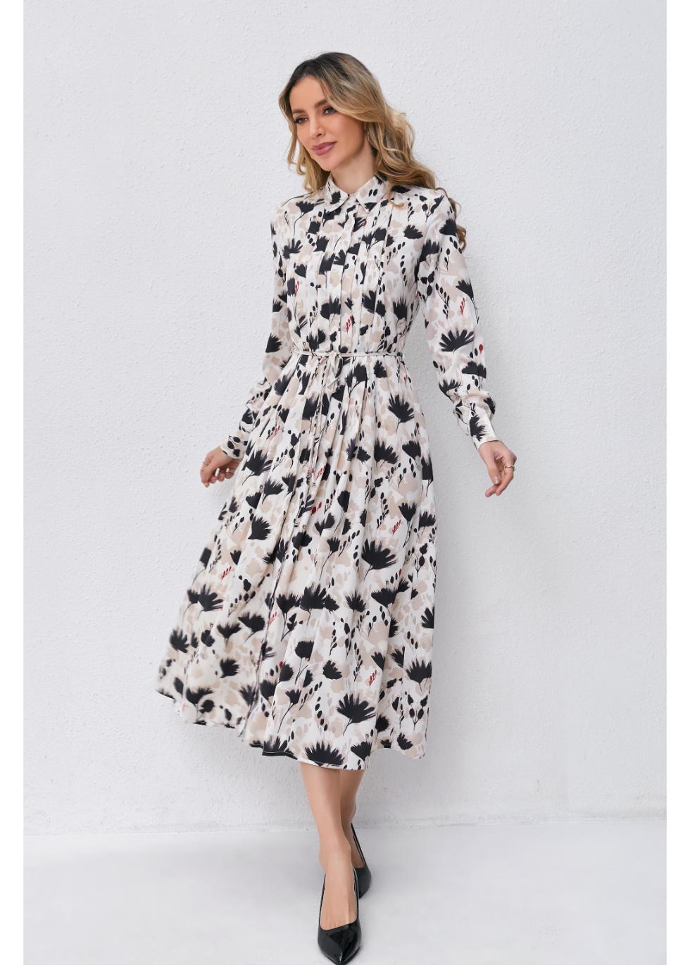 Modest Floral Midi Dress with Light Front Tie