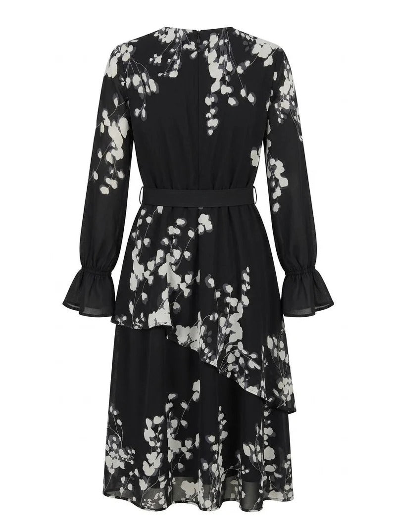 Modest Floral Poly Chiffon Lined Midi Dress – Black & White
