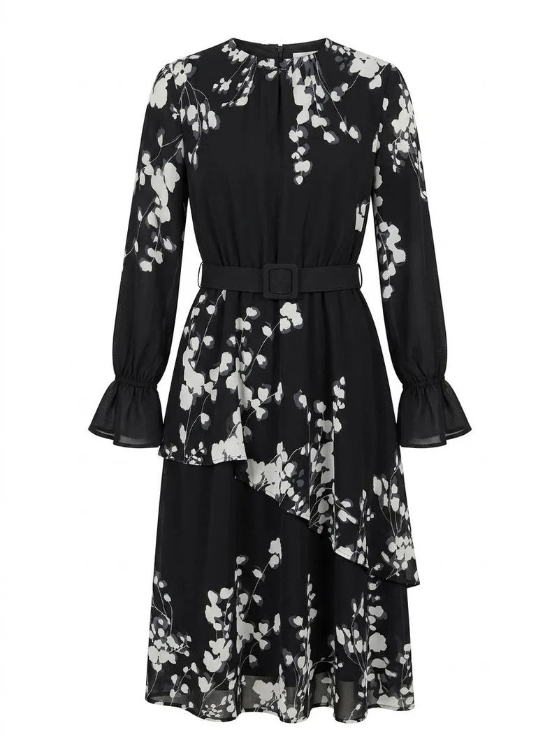 Modest Floral Poly Chiffon Lined Midi Dress – Black & White