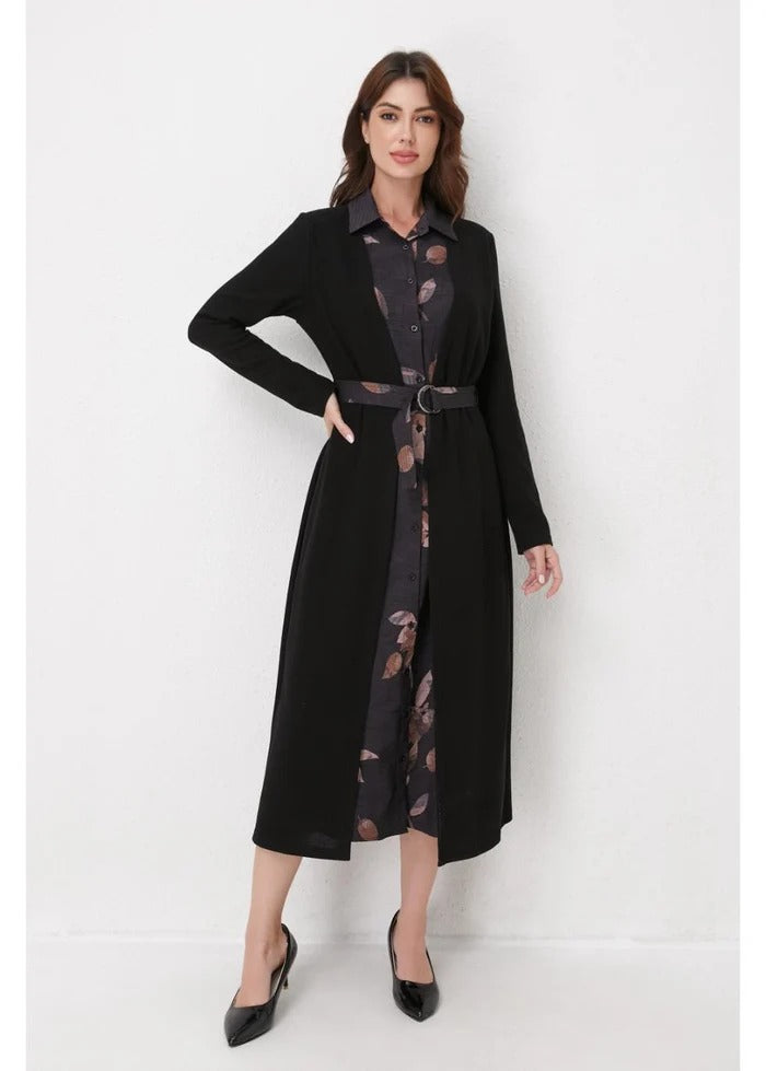 Black Layered Midi Belted Dress