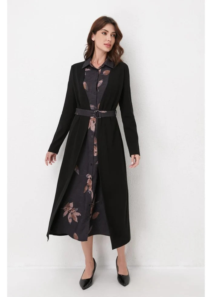 Black Layered Midi Belted Dress