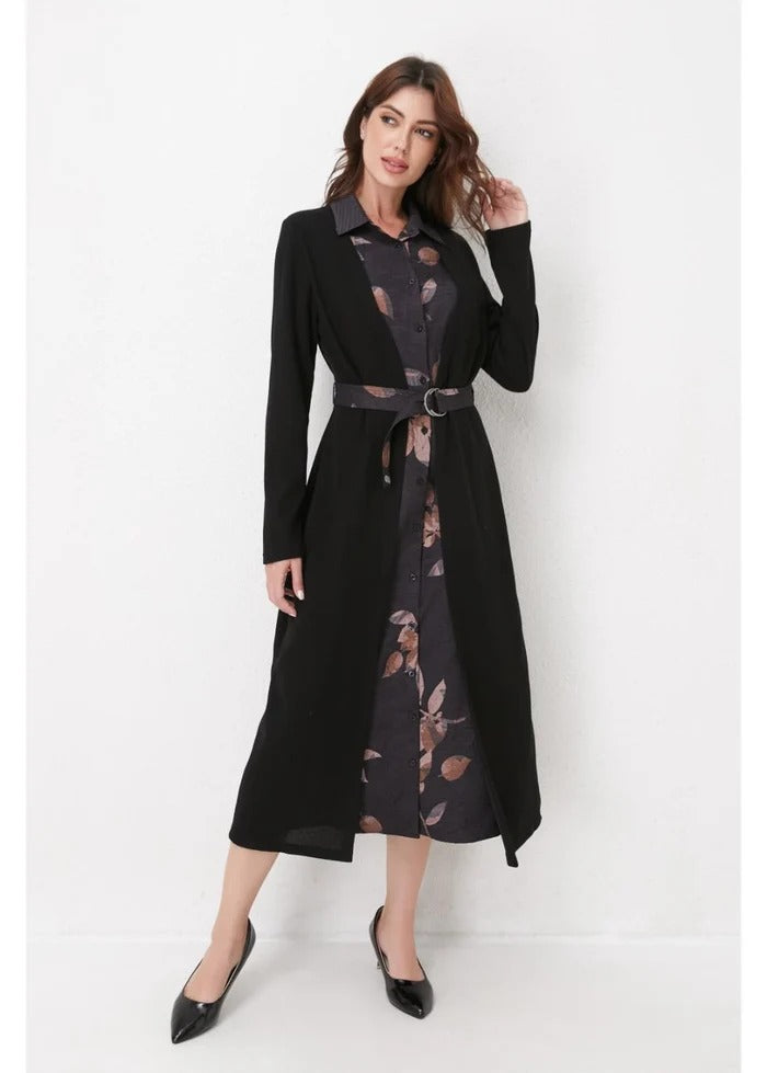 Black Layered Midi Belted Dress