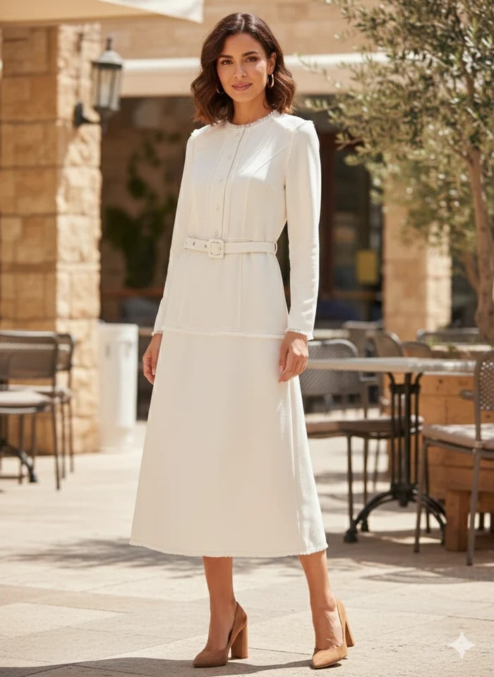 Ivory Grace Belted Midi Dress