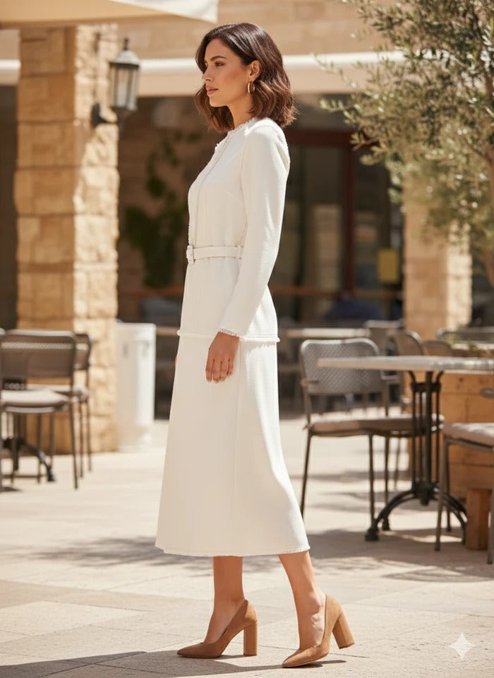 Ivory Grace Belted Midi Dress