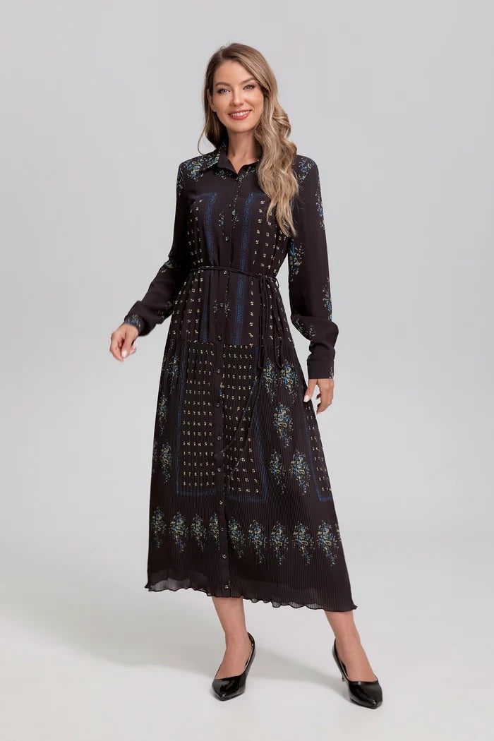 Noir Mosaic Button-Front Midi Dress