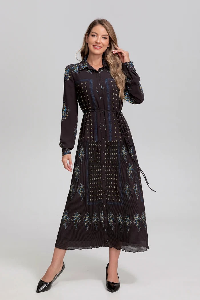 Noir Mosaic Button-Front Midi Dress