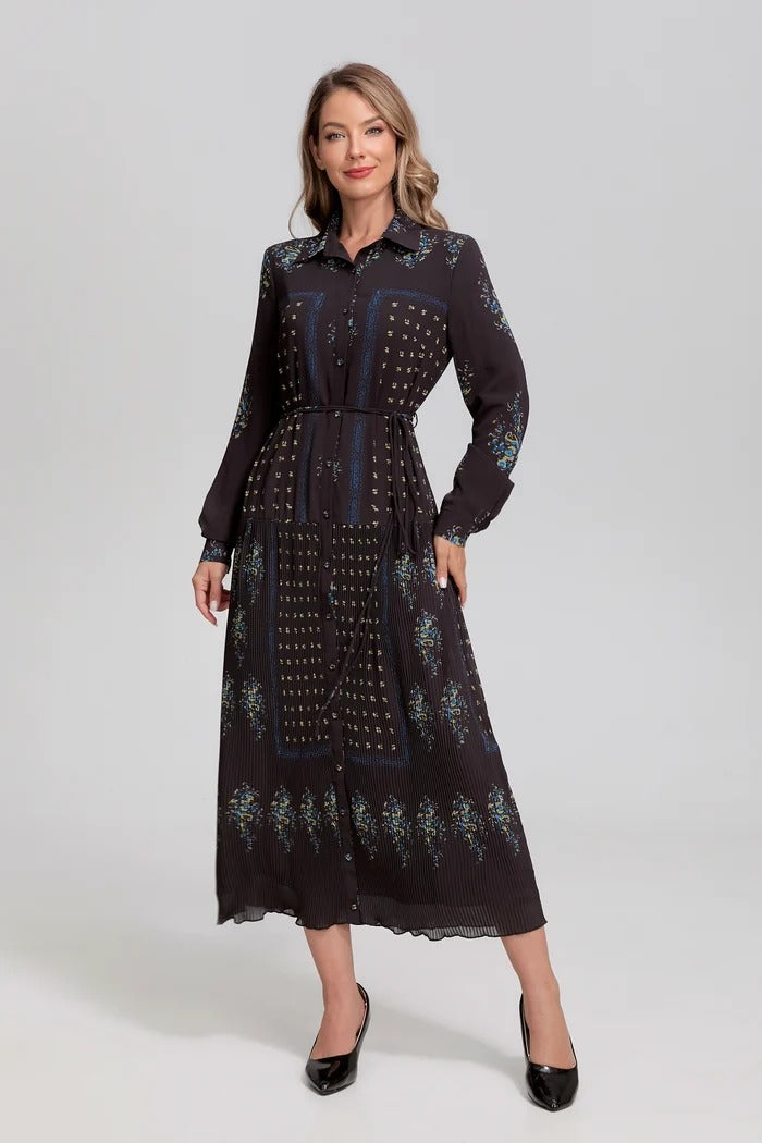 Noir Mosaic Button-Front Midi Dress