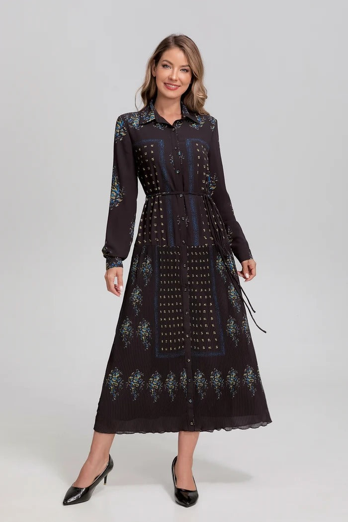 Noir Mosaic Button-Front Midi Dress