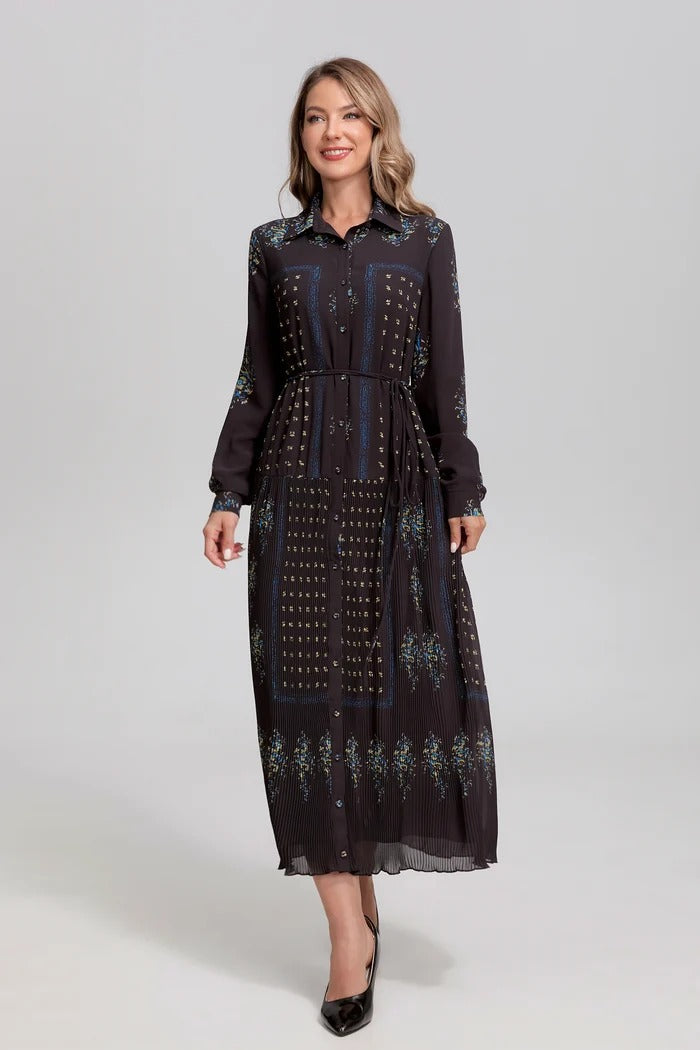 Noir Mosaic Button-Front Midi Dress