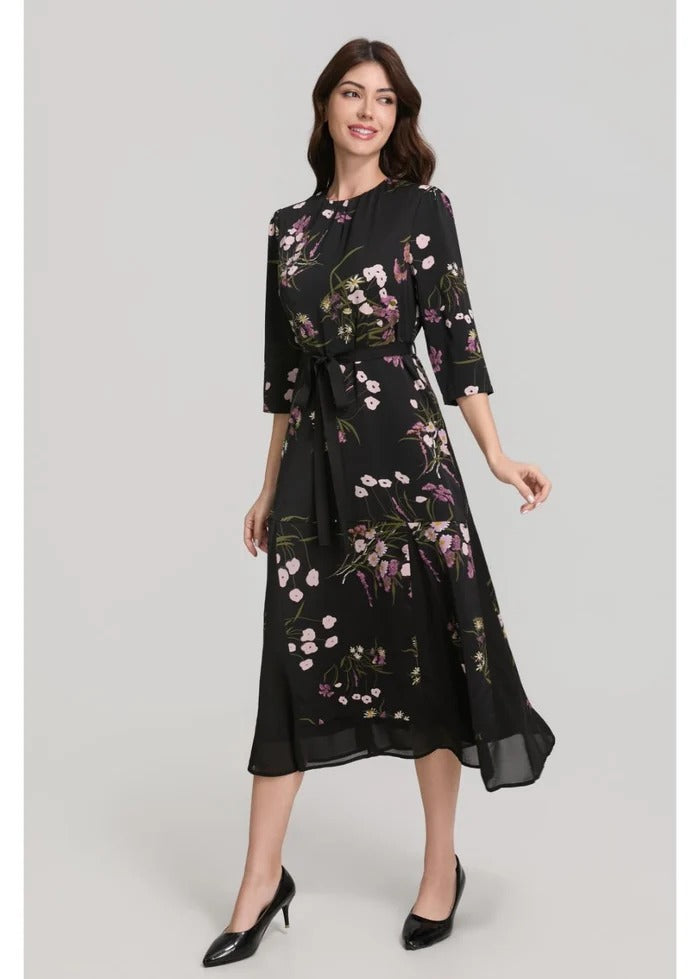 Floral Print 3/4 Sleeve Midi Dress with Sash Belt