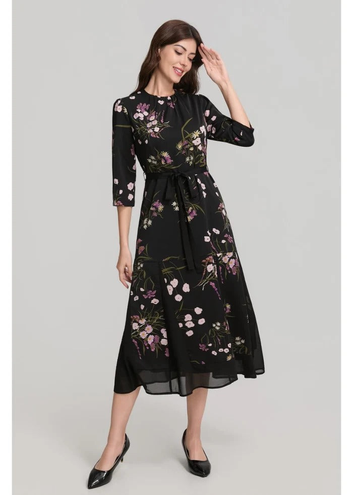 Floral Print 3/4 Sleeve Midi Dress with Sash Belt
