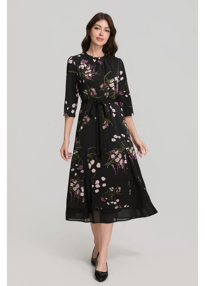 Floral Print 3/4 Sleeve Midi Dress with Sash Belt