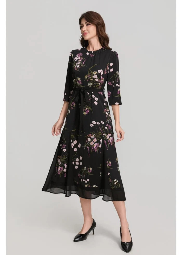 Floral Print 3/4 Sleeve Midi Dress with Sash Belt