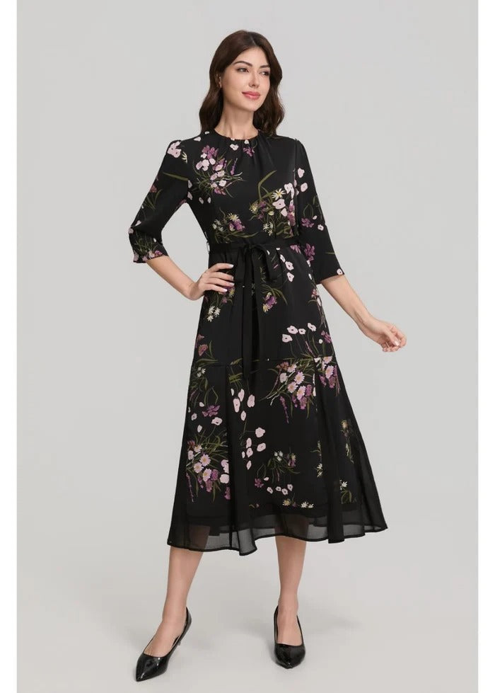Floral Print 3/4 Sleeve Midi Dress with Sash Belt