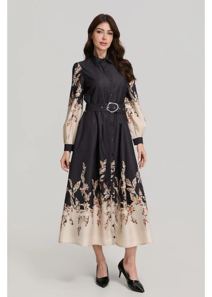 Border Print Long Sleeve Shirt Dress with Belt