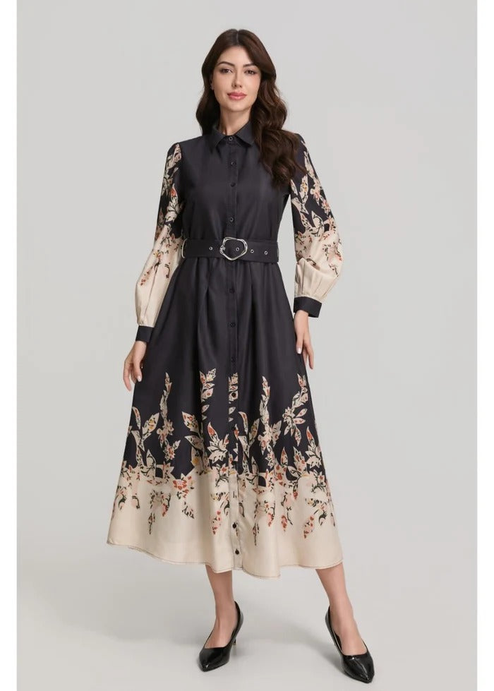 Border Print Long Sleeve Shirt Dress with Belt