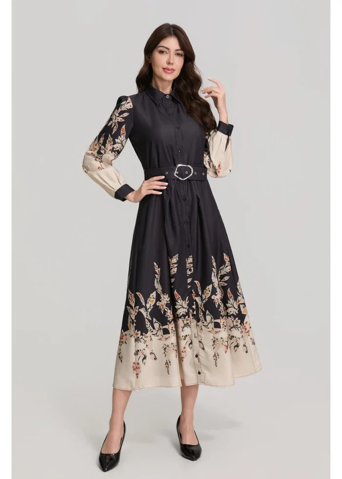 Border Print Long Sleeve Shirt Dress with Belt
